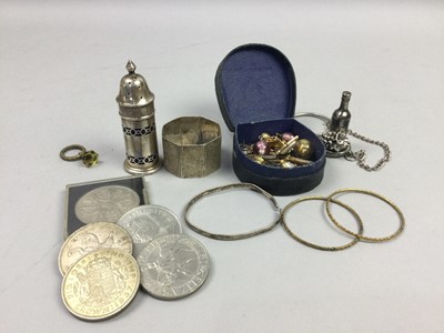Lot 242 - A GEORGE III SILVER TABLE SPOON, SILVER NAPKIN RING AND OTHER OBJECTS