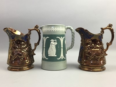 Lot 256 - A PAIR OF VICTORIAN COPPER LUSTRE WATER JUGS, OTHER JUGS AND VARIOUS CERAMICS