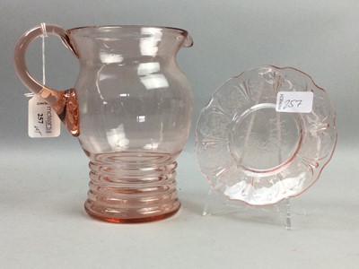 Lot 257 - AN AMBER GLASS JUG AND GLASSES SET AND OTHER GLASS WARE