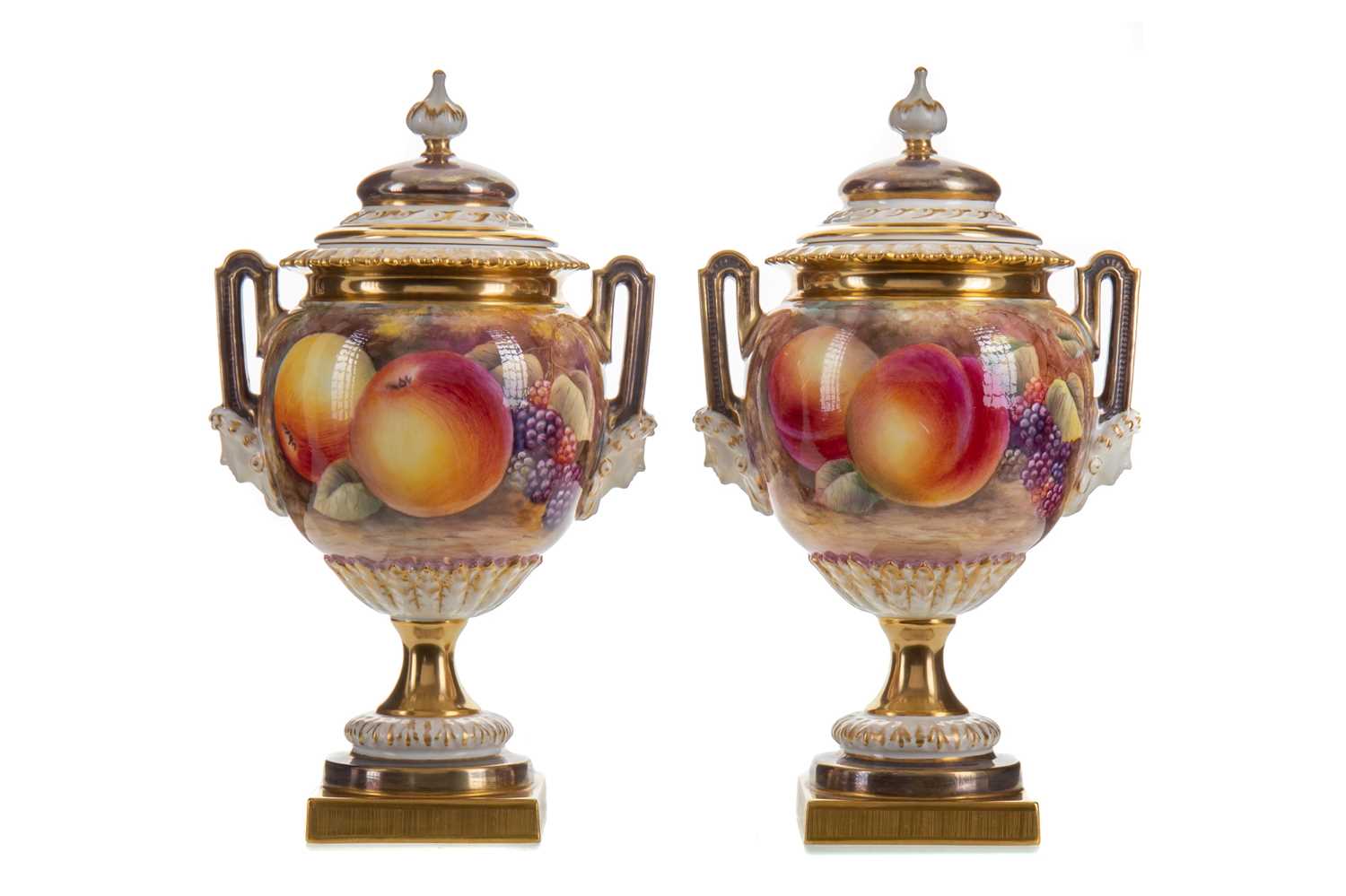 Lot 326 - A PAIR OF ROYAL WORCESTER TWIN-HANDLED VASES