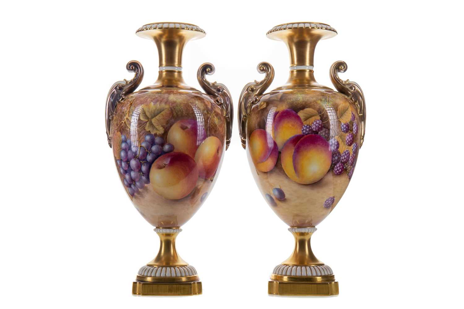Lot A PAIR OF ROYAL WORCESTER  DOUBLE HANDLED OVIOD VASES