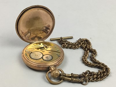 Lot 7 - A ROLLED GOLD HUNTER CASED POCKET WATCH, MAGNIFYING GLASS, FOUNTAIN PENS AND OTHER OBJECTS
