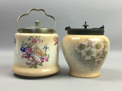 Lot 27 - A FENTON 'OSAKA' PATTERN BISCUIT BARREL AND FOUR OTHERS