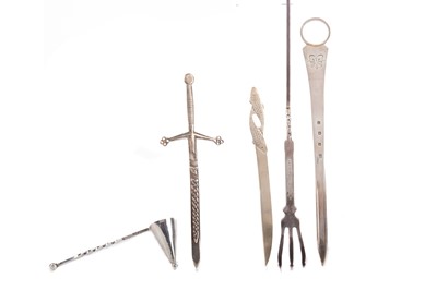 Lot 93 - AN IONA SILVER PICKLE FORK, ALONG WITH THREE LETTER OPENERS AND A SNUFFER