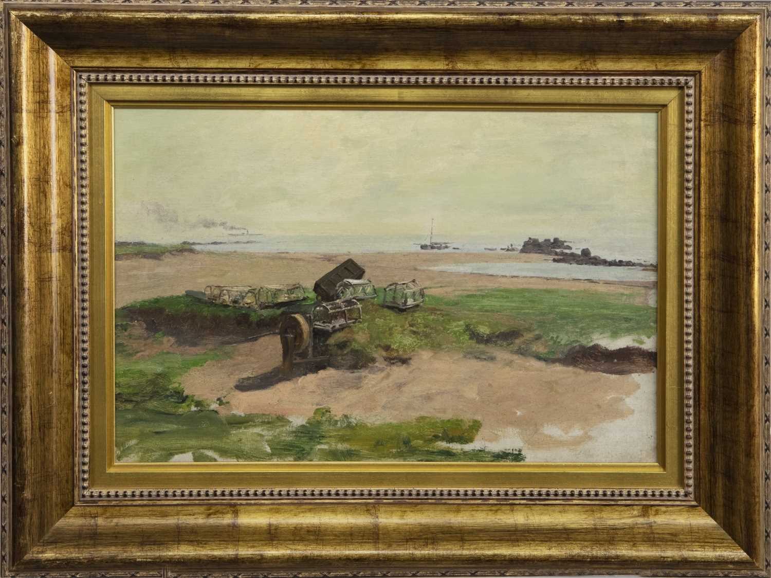 Lot 267 - COASTAL SCENE WITH LOBSTER POTS, AN OIL BY ROBERT CREE CRAWFORD