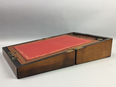 Lot 18 - A SMALL ROSEWOOD DESKTOP STATIONERY BOX, TWO WRITING SLOPES AND A MONEY BOX