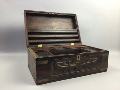 Lot 18 - A SMALL ROSEWOOD DESKTOP STATIONERY BOX, TWO WRITING SLOPES AND A MONEY BOX