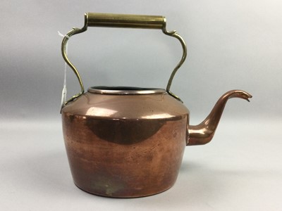 Lot 311 - A COPPER KETTLE WITH OTHER COPPER AND BRASS WARE