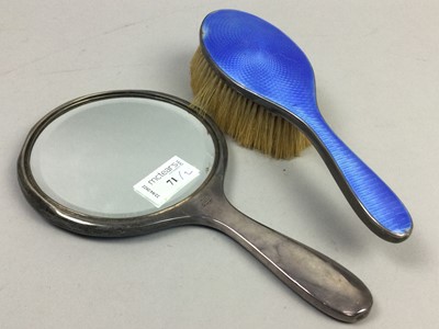 Lot 71 - A SILVER AND GUILLOCHE ENAMEL HANDMIRROR AND BRUSH