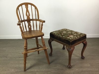 Lot 323 - AN OAK CHILD'S HIGH CHAIR AND A DRESSING STOOL