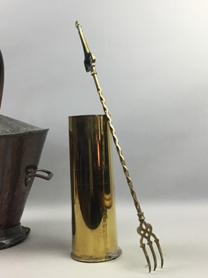 Lot 322 - A COPPER COAL SCUTTLE, SHELL CASING AND FIRE POKER