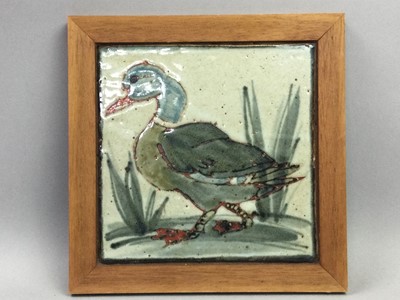 Lot 317 - A FRAMED CERAMIC TILE, FIGURES OF ANIMALS AND A SERVING TRAY