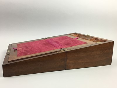 Lot 137 - A VICTORIAN MAHOGANY AND BRASS BOUND PORTABLE WRITING BOX