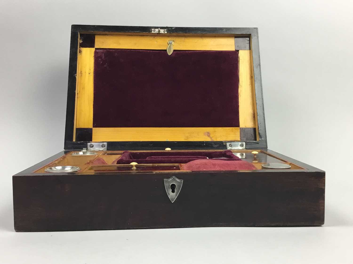 Lot 176 - A VICTORIAN OBLONG WRITING AND NEEDLEWORK BOX AND OTHERS