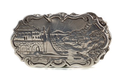 Lot 116 - A VICTORIAN SILVER VINAIGRETTE WITH BRIGHT CUT DECORATION OF A HARBOUR
