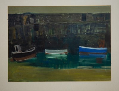 Lot 61 - BOATS IN HARBOUR, A MIXED MEDIA BY GEORGE DEVLIN