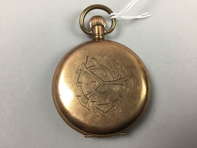 Lot 487 - A ROLLED GOLD 'THE ANGUS' HUNTER CASED POCKET WATCH, BANKNOTES AND COINS