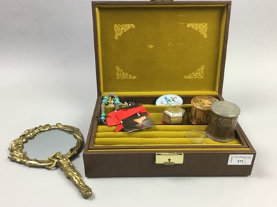 Lot 371 - A LOT OF COSTUME JEWELLERY, HAND MIRROR AND SEWING BOX