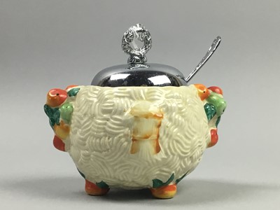 Lot 374 - A CLARICE CLIFF CELTIC HARVEST PATTERN PRESERVE JAR AND COVER