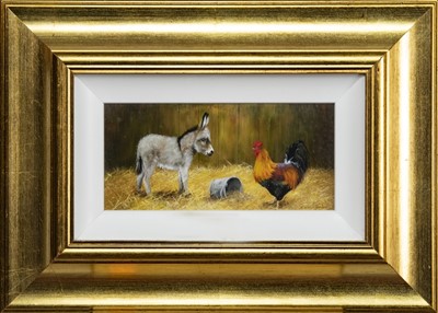Lot 94 - DONKEY AND CHICKEN, AN OIL BY G ASHLEY HUNTER