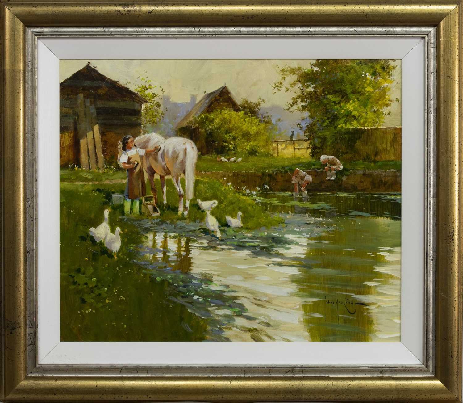 Lot 73 - THE WATERING PLACE, AN OIL BY JOHN HASKINS