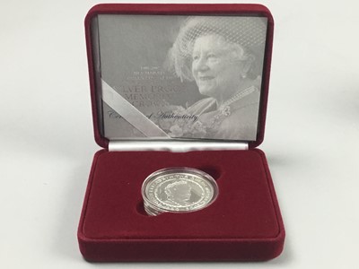 Lot 525 - A QUEEN MOTHER SILVER PROOF MEMORIAL CROWN, ALONG WITH OTHER ITEMS