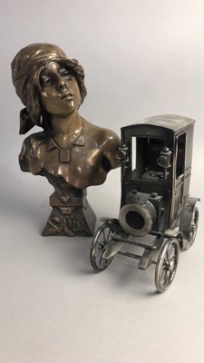 Lot 675 - A BRONZED BUST OF A FEMALE, MODEL OF A CAR, BRASS EWER AND BRASS BOWLS