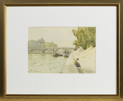 Lot 305 - CRUMPLED MAN AT LE PONT ROYALE, PARIS, A WATERCOLOUR BY HAMISH CONSTABLE PATERSON