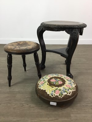 Lot 611 - A CARVED WOOD PLANT TABLE, MILKING STOOL AND FOOTSTOOL