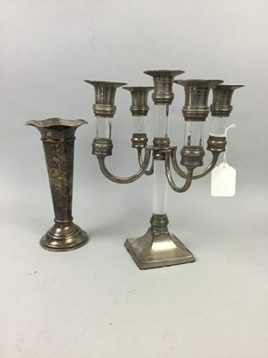 Lot 624 - A SILVER VASE, CANDELABRUM AND CANDELABRA, ALSO CANDLESTICKS