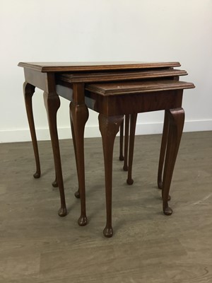 Lot 644 - A MAHOGANY NEST OF THREE TABLES, MAHOGANY TROLLEY AND A WINE TABLE