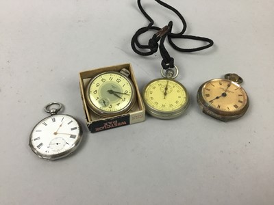 Lot 684 - A LOT OF TWO POCKET WATCHES AND TWO STOP WATCHES