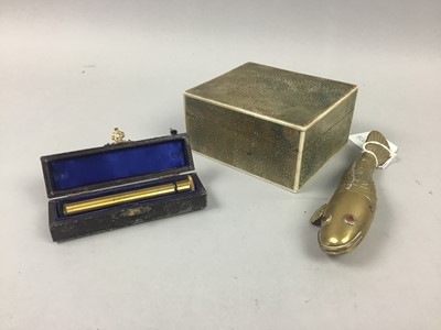 Lot 685 - A SHAGREEN SQUARE CIGARETTE BOX, ARTICULATED FISH AND CASED INSTRUMENT