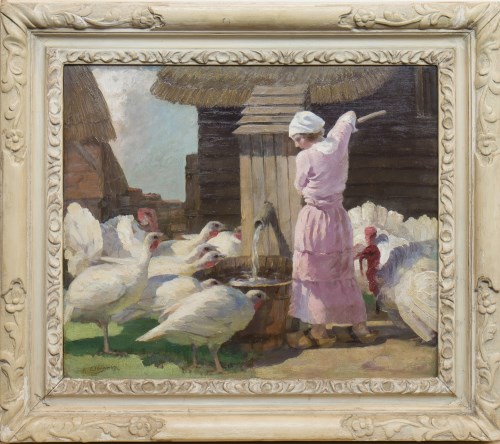 Lot 49 - A CLARENCE, TURKEYS AT THE WELL oil on board,...