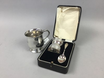 Lot 689 - A SILVER CHRISTENING EGG CUP AND SPOON, CHRISTENING MUG AND OTHER OBJECTS