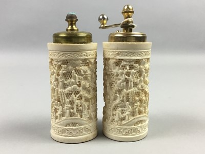 Lot 66 - A PAIR OF CARVED BONE CYLINDRICAL CRUETS, SNUFF BOTTLES, NBEDDLE CASE AND VASE