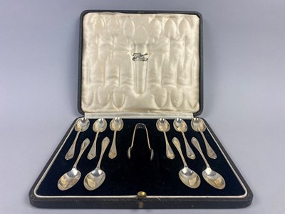 Lot 108 - A CASED SET OF TEN SILVER TEASPOONS AND TONGS, AND SIX MORE