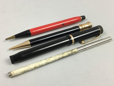 Lot 23 - A SILVER CASED PENCIL ALONG WITH PENS AND PENCILS