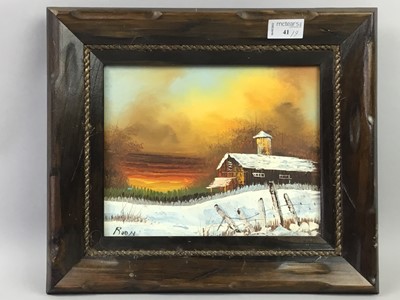 Lot 41 - AN OIL PAINTING OF A SNOW LANDSCAPE ALONG WITH PRINTS AND AN EMBROIDERY