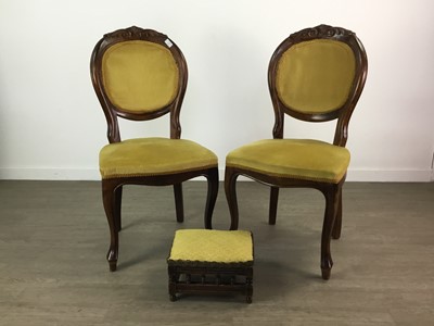 Lot 276 - A PAIR OF WALNUT BALLOON BACK CHAIRS AND A FOOTSTOOL