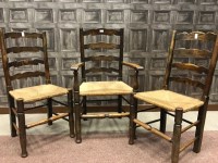 Lot 1251 - FIVE OAK AND ELM LADDER BACK DINING CHAIRS OF...