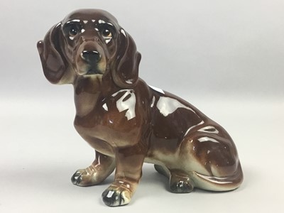 Lot 187 - A CERAMIC FIGURE OF A DACHSHUND ALONG WITH OTHER ANIMAL FIGURES AND A TEAPOT