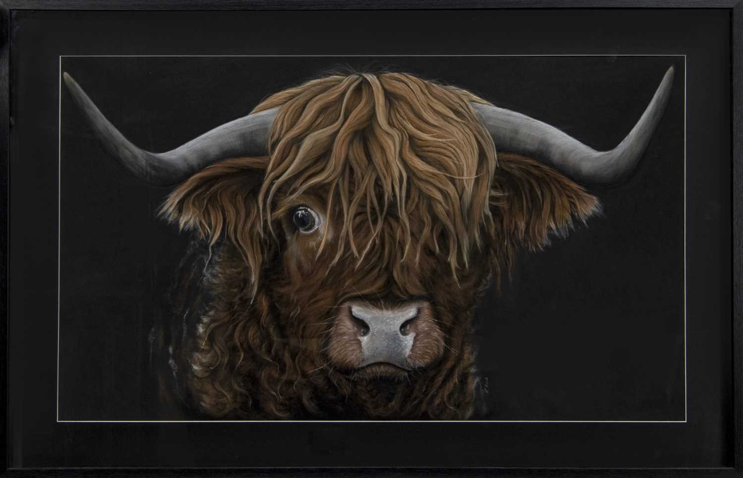 Lot 118 - HIGHLAND COW, A PASTEL BY KAY REID