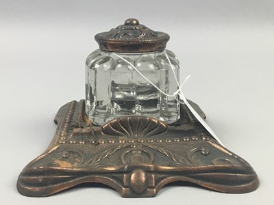 Lot 295 - A VICTORIAN COPPER INKSTAND AND SILVER TOPPED TOILET JAR