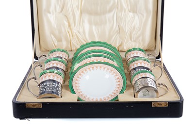 Lot 139 - A SET OF SIX AYNSLEY SILVER MOUNTED COFFEE CUPS AND SAUCERS