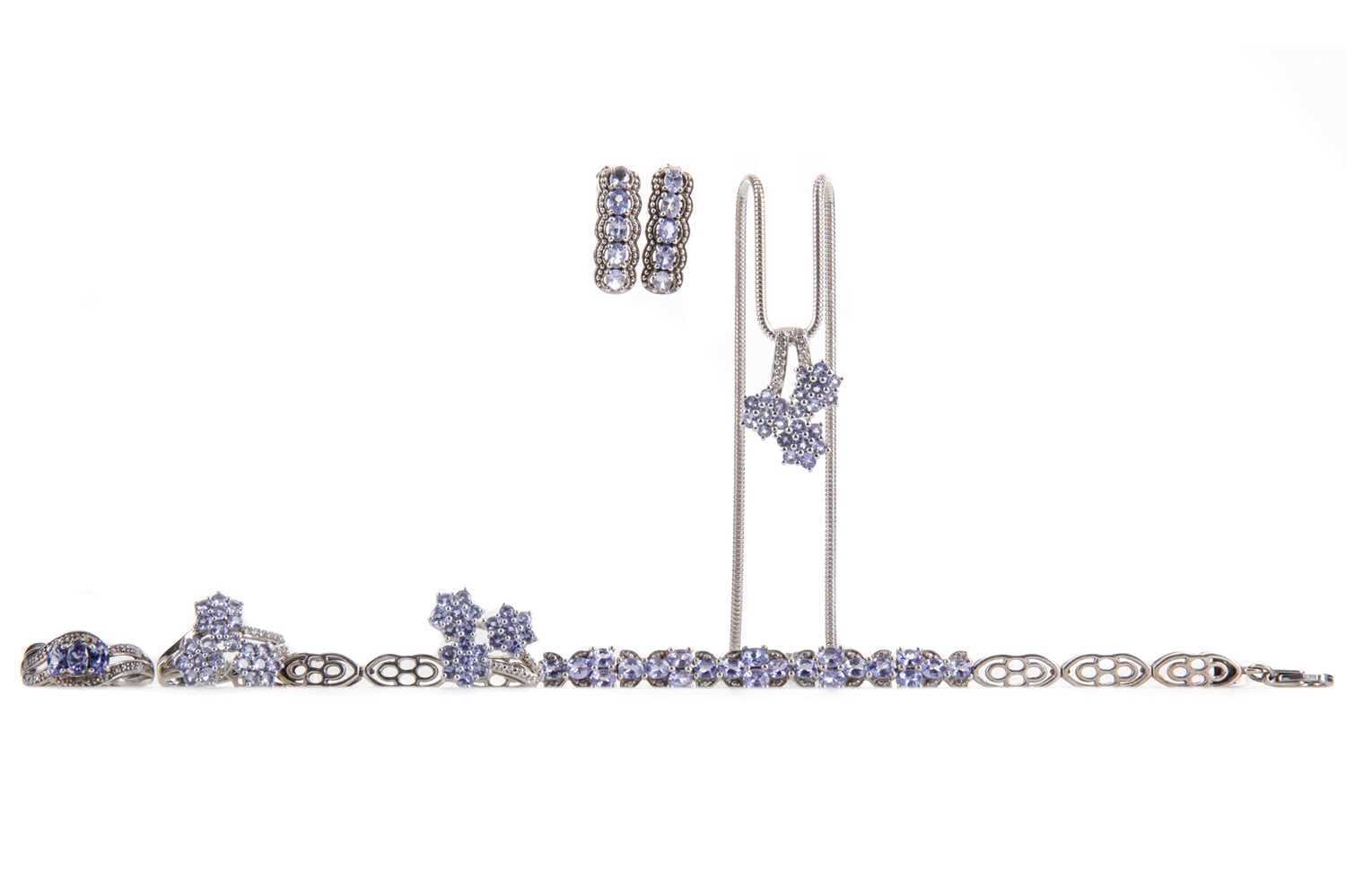 Lot 485 - A COLLECTION OF SILVER TANZANITE JEWELLERY