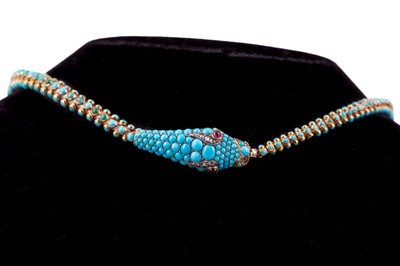 Lot 708 - A VERY IMPRESSIVE VICTORIAN TURQUOISE, RUBY AND DIAMOND SERPENT NECKLET