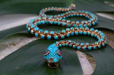Lot 708 - A VERY IMPRESSIVE VICTORIAN TURQUOISE, RUBY AND DIAMOND SERPENT NECKLET