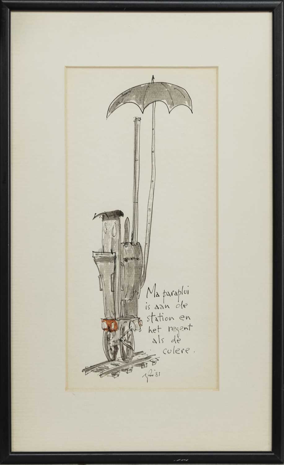 Lot 86 - MY UMBRELLA, A PEN AND WATERCOLOUR BY GEORGE WYLLIE