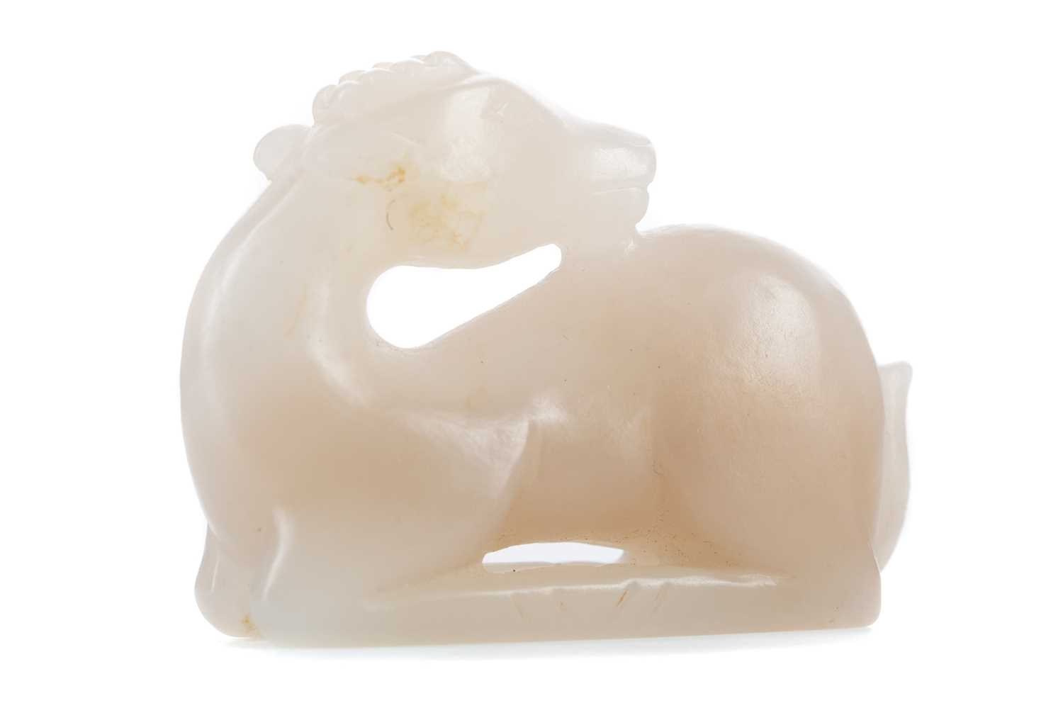 Lot 1110 - A CHINESE WHITE JADE DEER CARVING